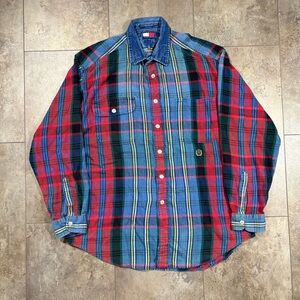 VTG 90s Tommy Hilfiger Preppy Multicolor Denim Collar Plaid Shirt